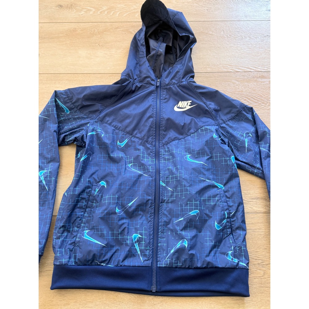 Nike Windbreaker Kids XL Navy Blue Grid Swoosh Hooded Jacket 350